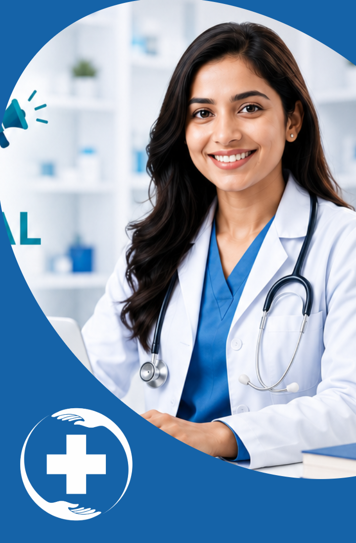 A medical professional reviewing MedKnowledge on a laptop alongside study books